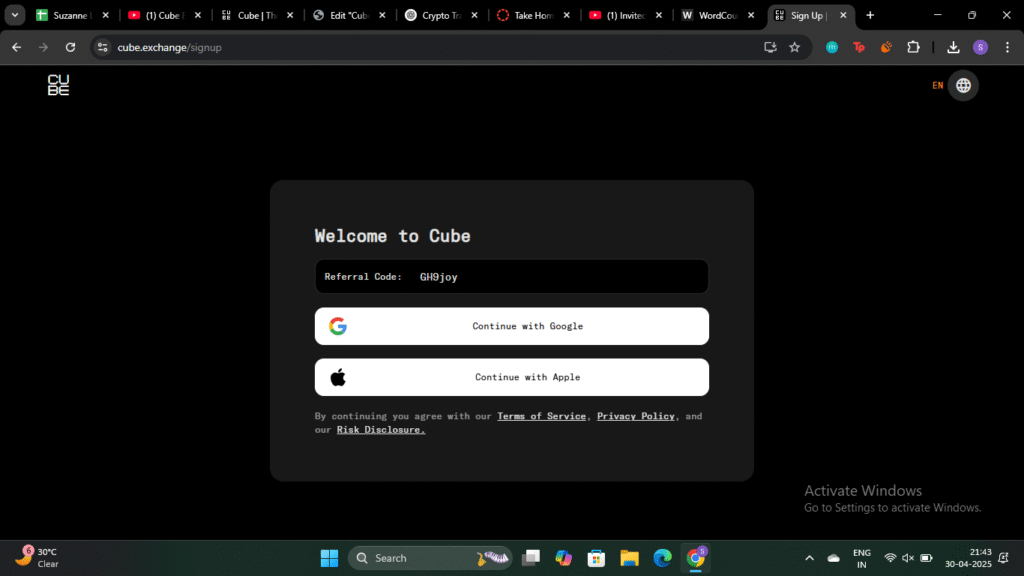 Screenshot of Cube Exchange's trading dashboar