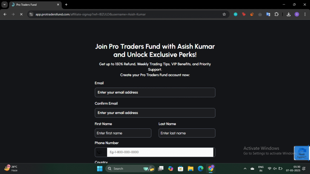Interface of Pro Traders Fund Affiliate Code "IBZULD"