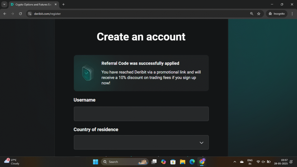 Deribit Referral Code Applied During Sign-Up