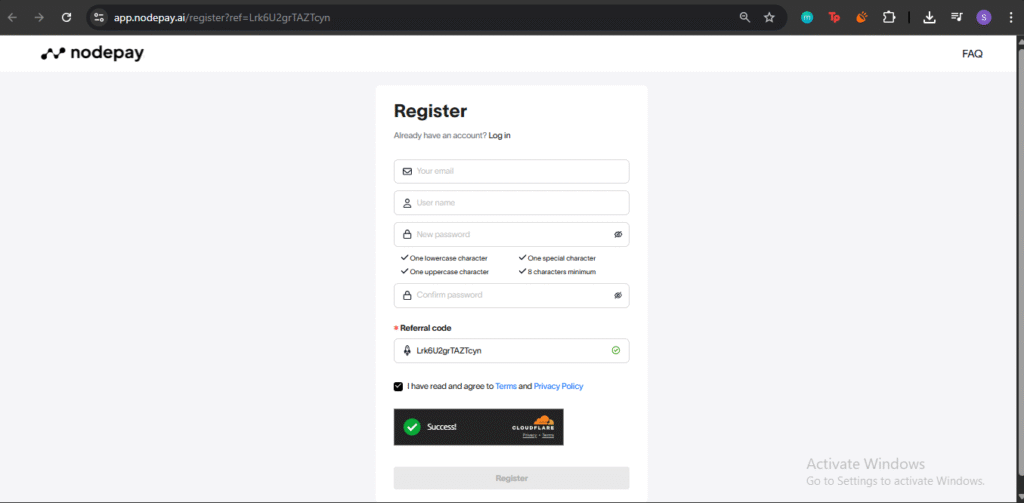 Interface of Nodepay referral code Lrk6U2grTAZTcyn entered during signup
