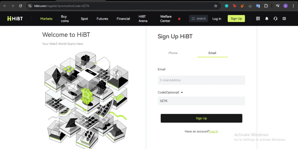 HiBT registration page with HiBT invite code field filled